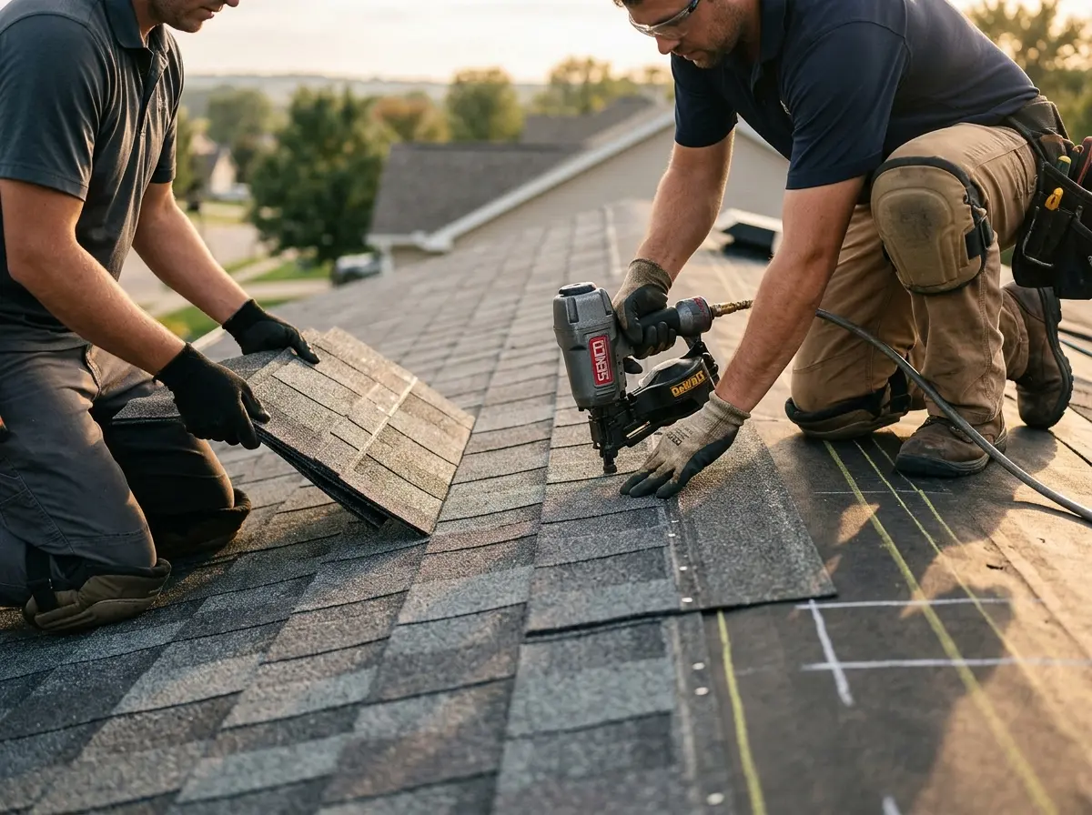 Professional roofer working on a residential roof in Gardiner